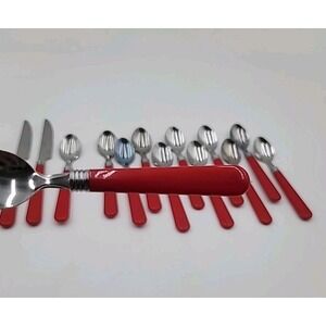 VTG 14 pcs Silverware Set RED Plastic Handles Stainless Retro Chrome RV Flatware